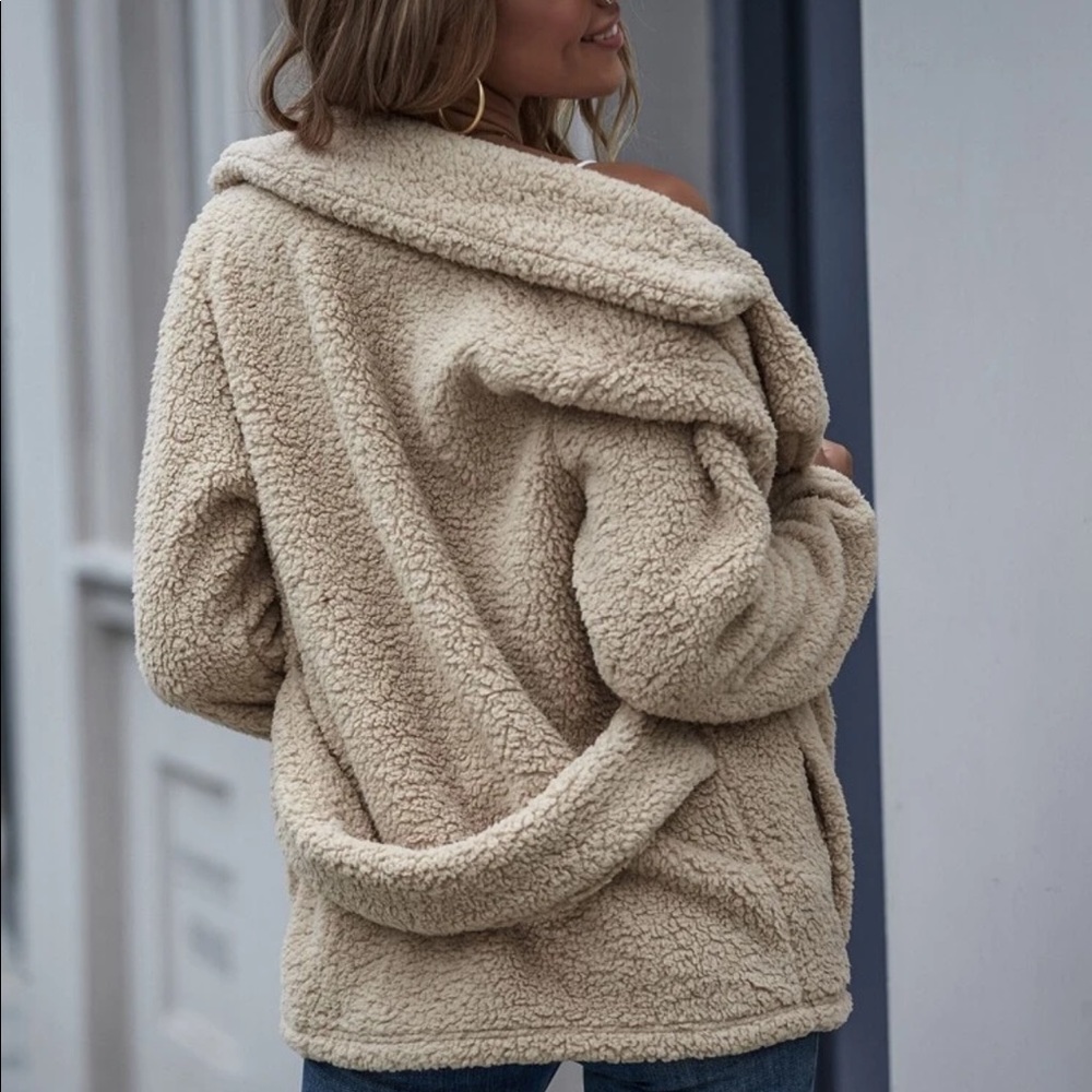 Double Breasted Teddy Pea Coat Jacket Tan khaki - Picture 2 of 3